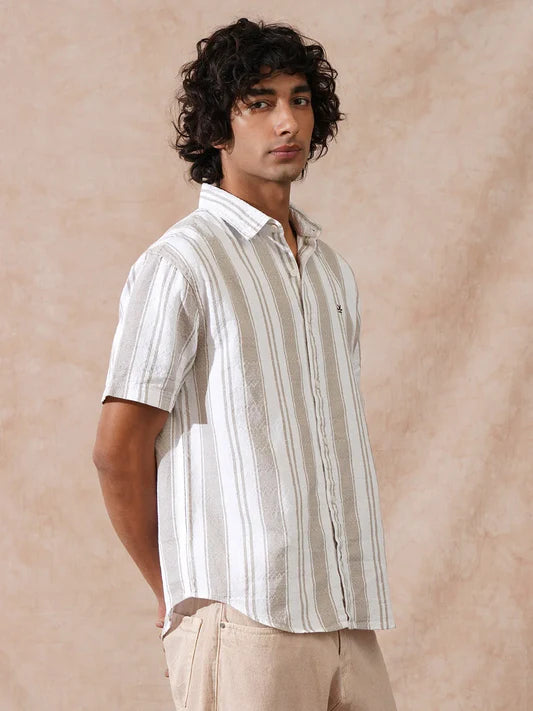 Stylish Khaki Shirt for Men in Comfort Fit Featuring Textured Stripes