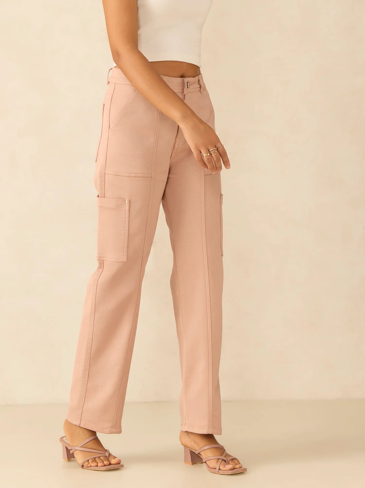 Lightweight Pink Cargo Style Denim Jeans with Straight Fit for Women