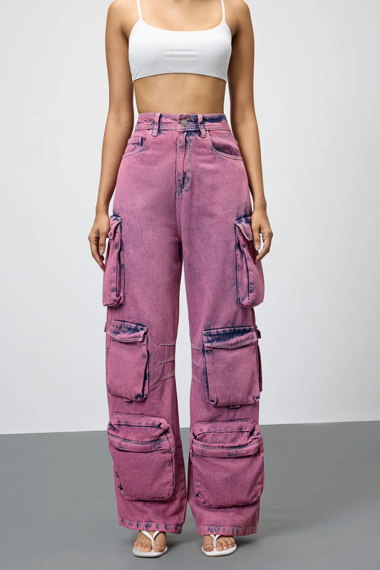 Edgy Blush Womens Baggy Straight Cargo Jeans Durable Utility Denim for Trendy Outfits