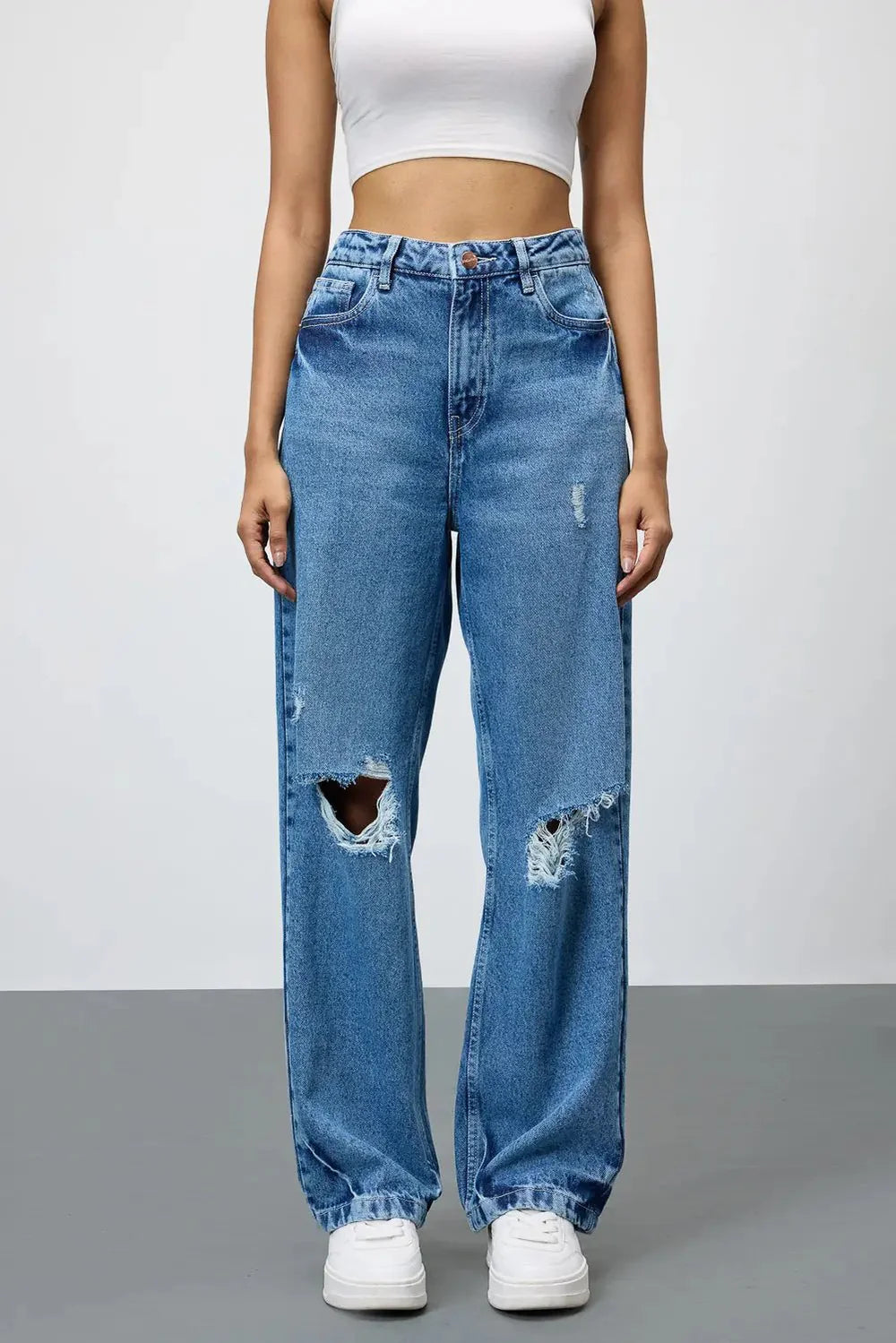 Premium Grunge Blue Ripped Womens Straight Jeans Casual Distressed Denim for Trendy Outfits