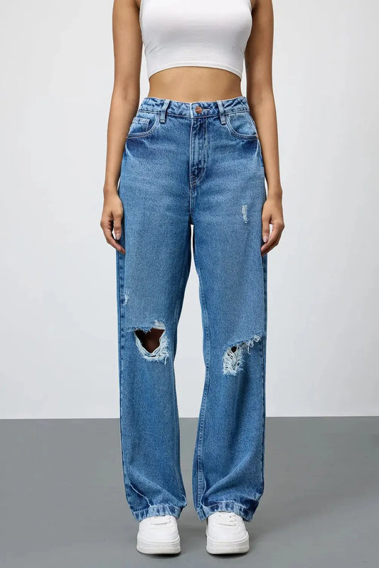 Premium Grunge Blue Ripped Womens Straight Jeans Casual Distressed Denim for Trendy Outfits