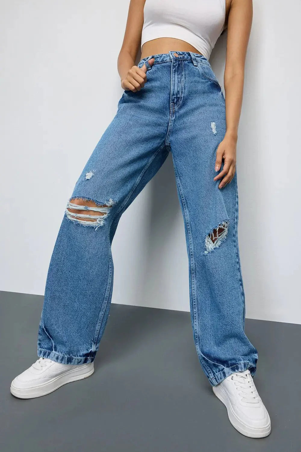 Premium Grunge Blue Ripped Womens Straight Jeans Casual Distressed Denim for Trendy Outfits