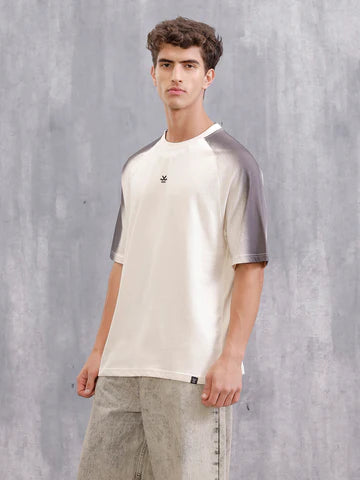 Oversized Beige Pure Cotton T-Shirt for Men with Placement Wash Detail – Modern Streetwear Inspired Casual Graphic Top