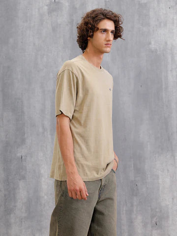 Khaki Oversized Pure Cotton T-Shirt for Men with Washed Effect and Printed Design – Relaxed Streetwear Casual Top