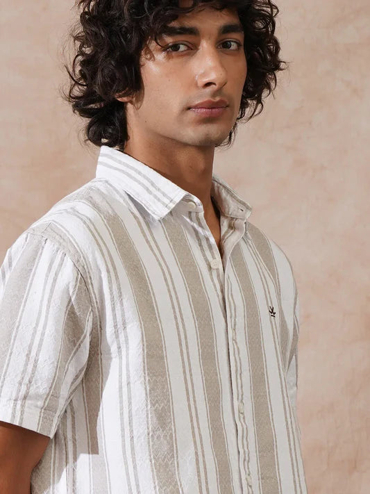 Stylish Khaki Shirt for Men in Comfort Fit Featuring Textured Stripes