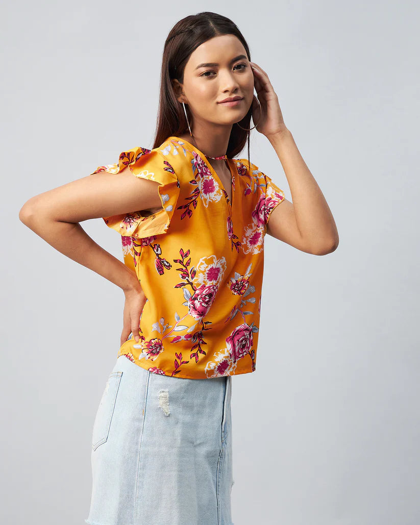 Women’s Yellow Crepe Top with Floral Print and Ruffled Design