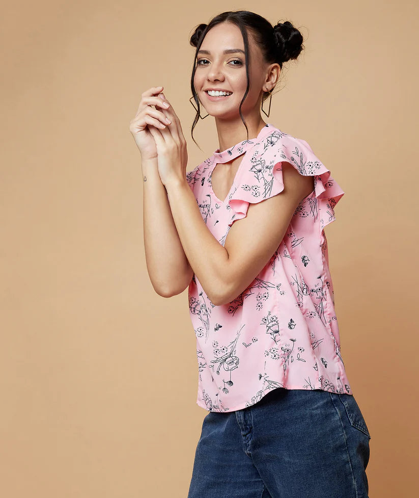 Women’s Pink Floral Top with Choker Neck for Elegant Casual Look