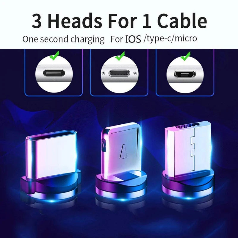 Fast Charging Magnetic Cable 3-in-1 with 360° Swivel Head Status Light Compatible with Type-C Micro USB and Lightning