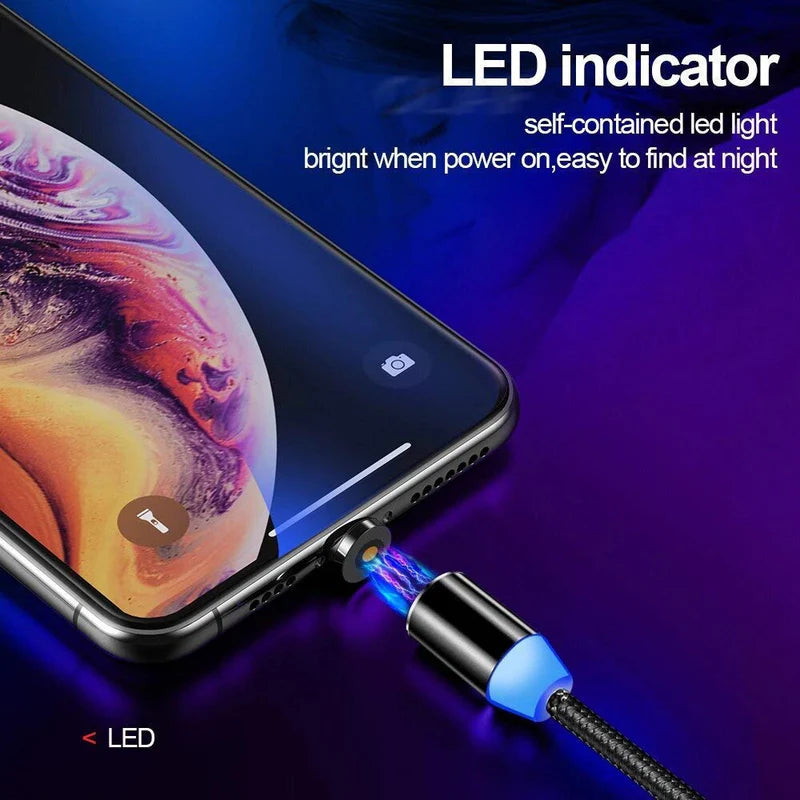 Fast Charging Magnetic Cable 3-in-1 with 360° Swivel Head Status Light Compatible with Type-C Micro USB and Lightning