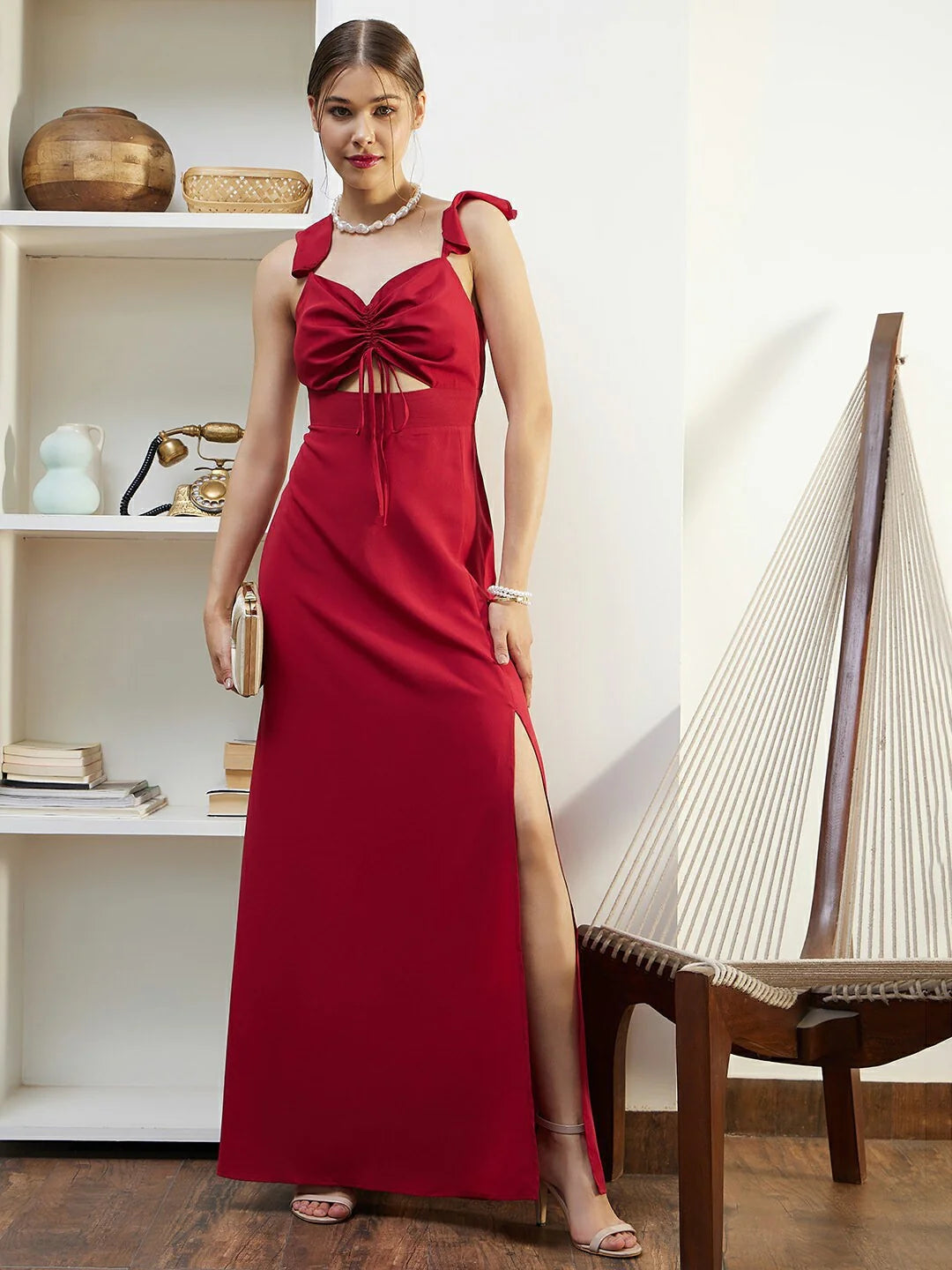 Chic Red Cut-Out Maxi Dress with Sweetheart Neck, Back Tie-Up, and Flattering Thigh-High Slit Straight Hem