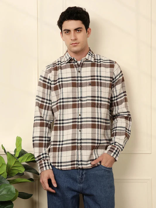 Men’s Brown Checked Dobby Pattern Slim Fit Casual Shirt for Everyday Wear