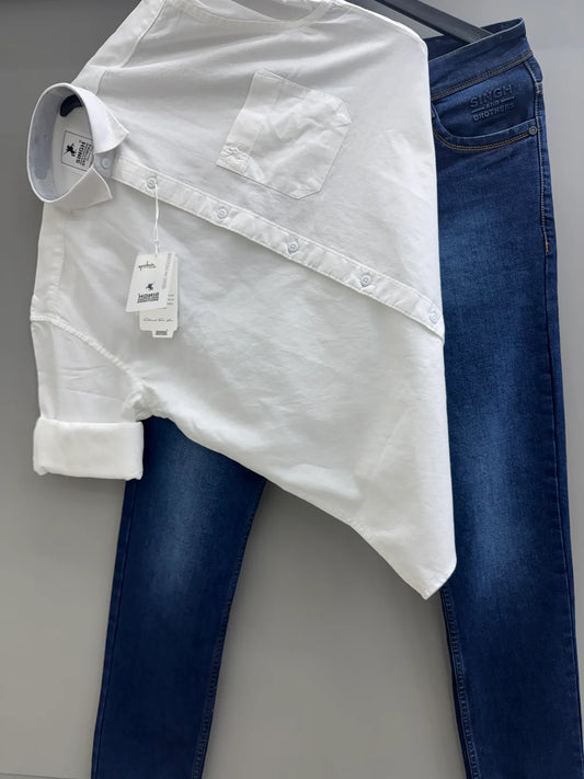 Men's Classic Cotton Oxford Shirt Paired with Slim Fit Jeans Pant for Smart Casual Look