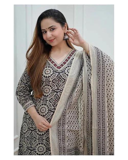Stylish Black & Off White Floral Afghani Kurti Pant Dupatta Suit Set for Women