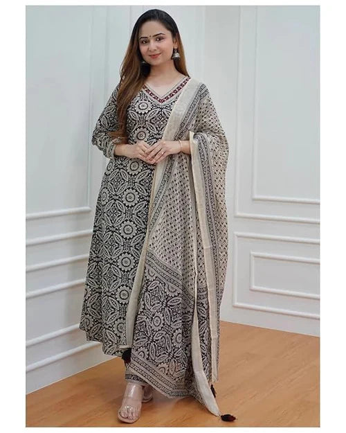Stylish Black & Off White Floral Afghani Kurti Pant Dupatta Suit Set for Women