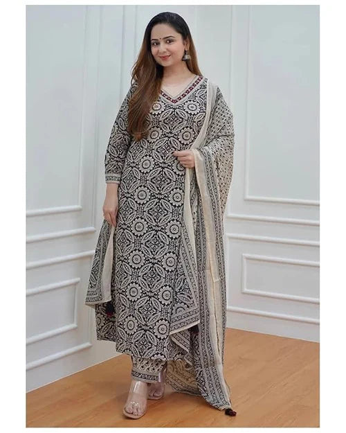 Stylish Black & Off White Floral Afghani Kurti Pant Dupatta Suit Set for Women