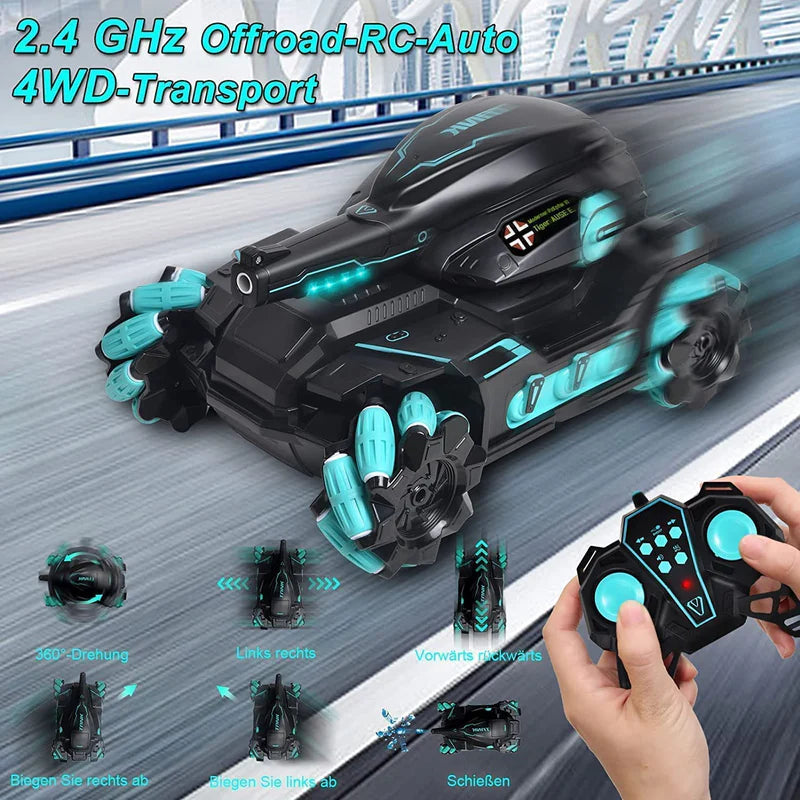 RC Battle Car with Gesture Control 360° Rotating Turret Water Bullet Shooting 4WD High-Speed Drift and Rechargeable Battery