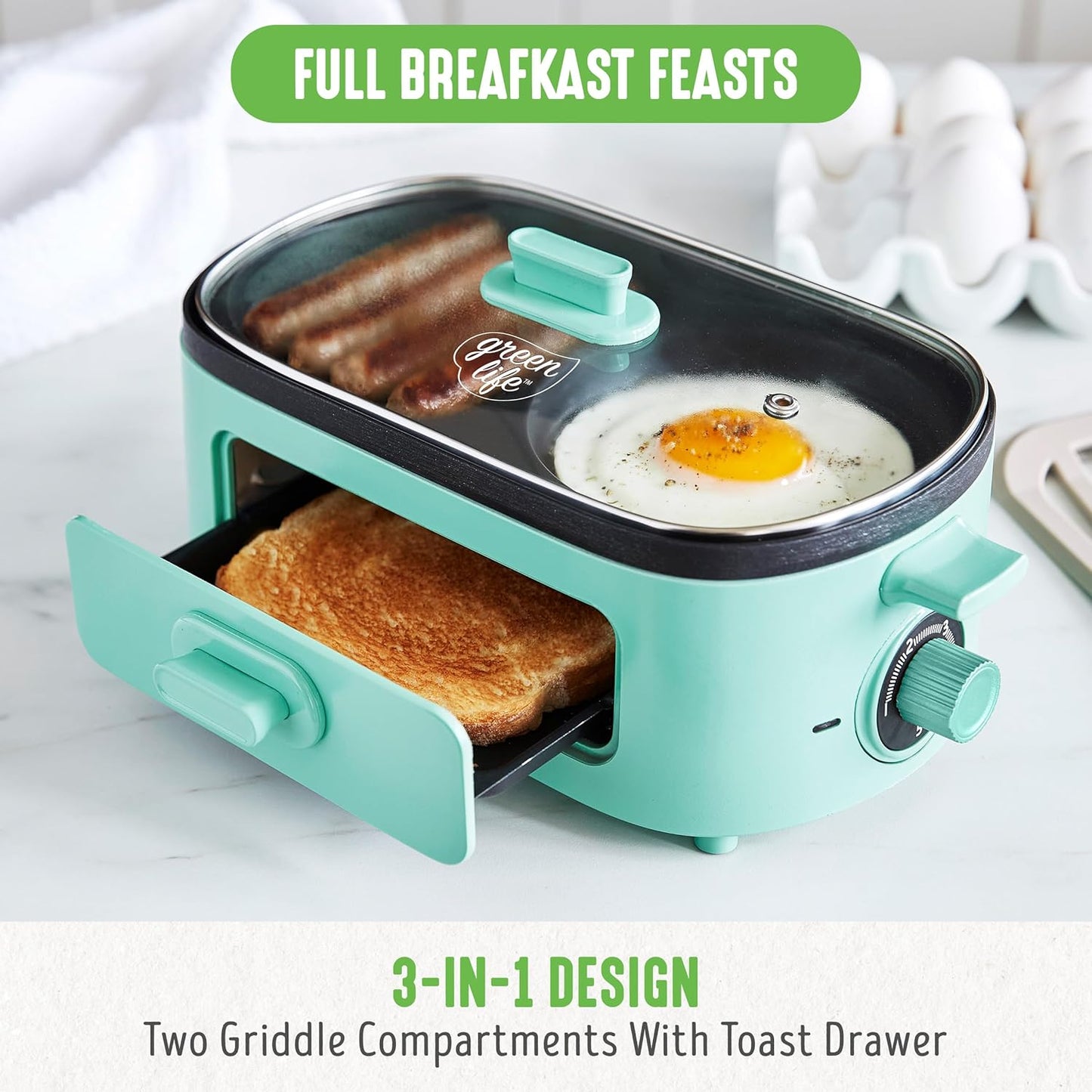 Dual Griddle Breakfast Maker Station Nonstick Ceramic for Eggs Meat Sausage Bacon Pancakes and Sandwiches