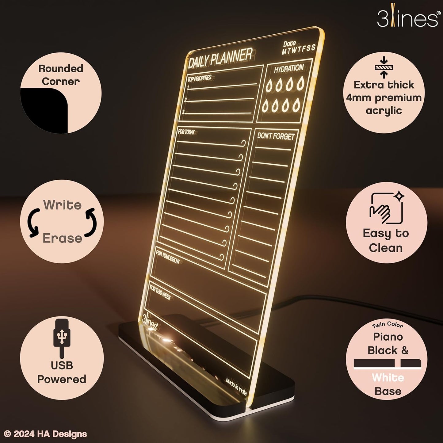 Glowrite Illuminate Your Ideas Acrylic LED Writing Board with USB Stand Base for Home and Office Decor