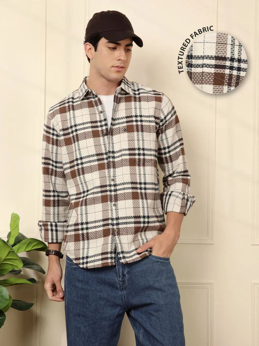 Men’s Brown Checked Dobby Pattern Slim Fit Casual Shirt for Everyday Wear