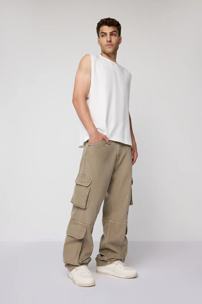 Khaki Baggy Fit Cargo Jeans for Men Designed for Comfort and Everyday Wear