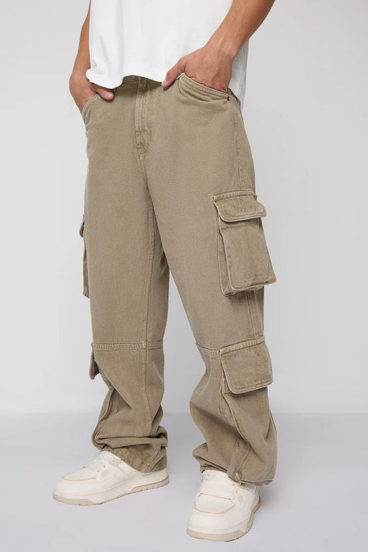 Khaki Baggy Fit Cargo Jeans for Men Designed for Comfort and Everyday Wear