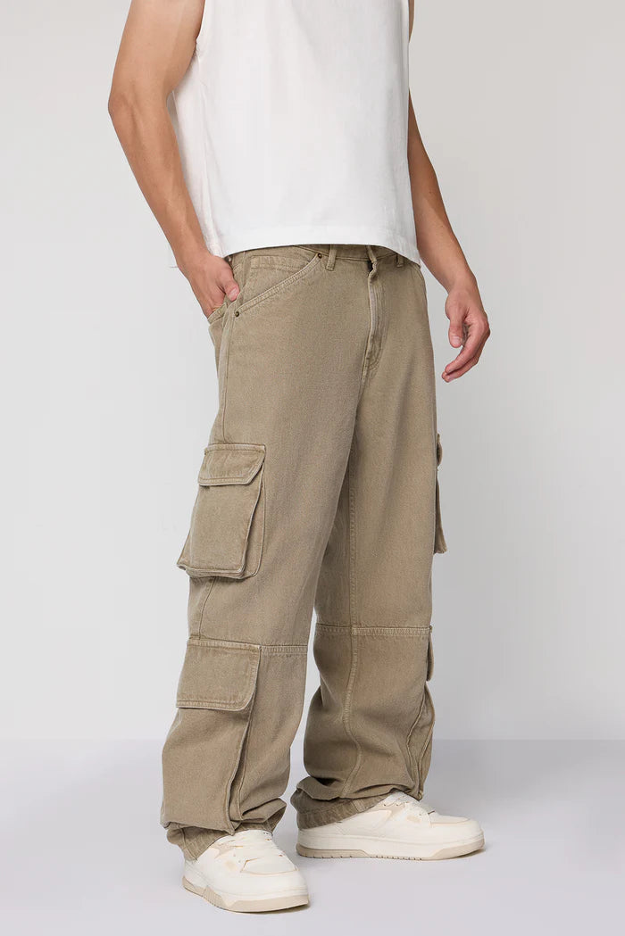 Khaki Baggy Fit Cargo Jeans for Men Designed for Comfort and Everyday Wear