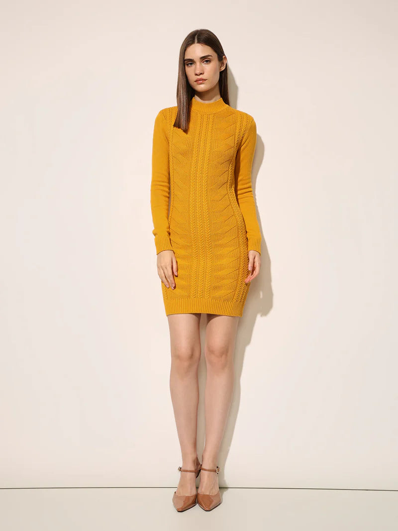 Partywear Mustard Cable Knit Bodycon Dress with Figure Hugging Fit