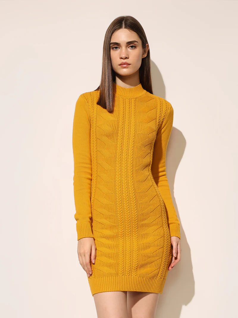 Partywear Mustard Cable Knit Bodycon Dress with Figure Hugging Fit