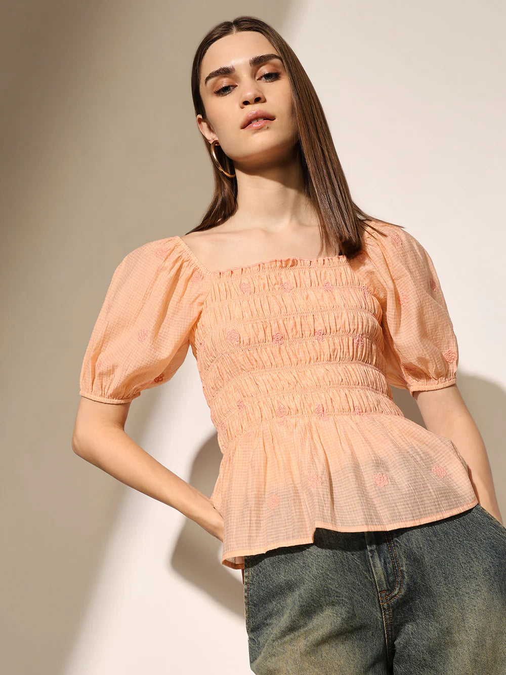 Comfortable Women’s Peach Top with Smocked Front and Stretch Fit