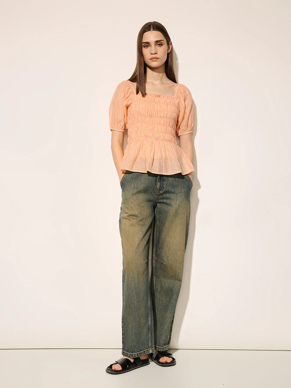 Comfortable Women’s Peach Top with Smocked Front and Stretch Fit