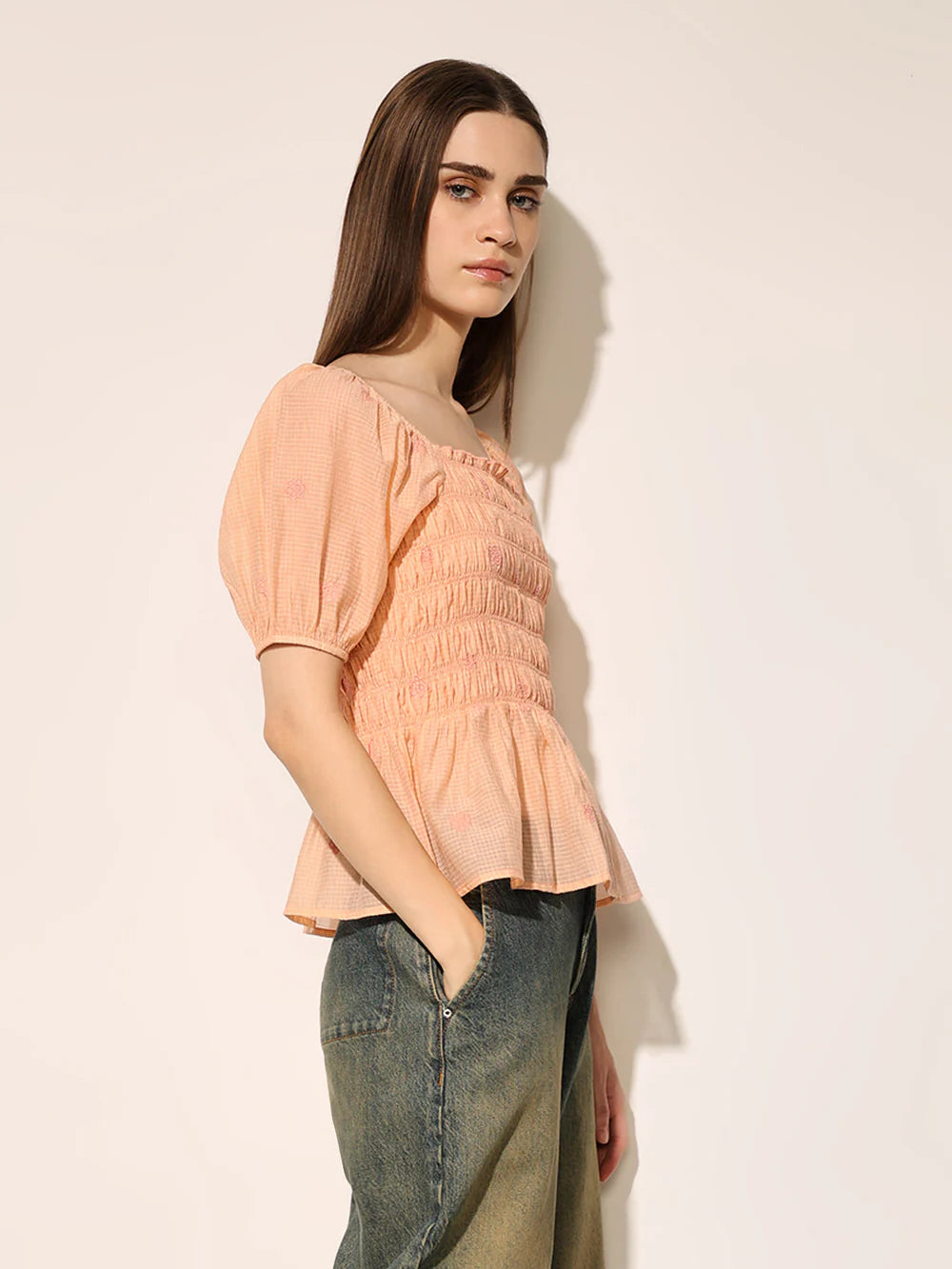 Comfortable Women’s Peach Top with Smocked Front and Stretch Fit