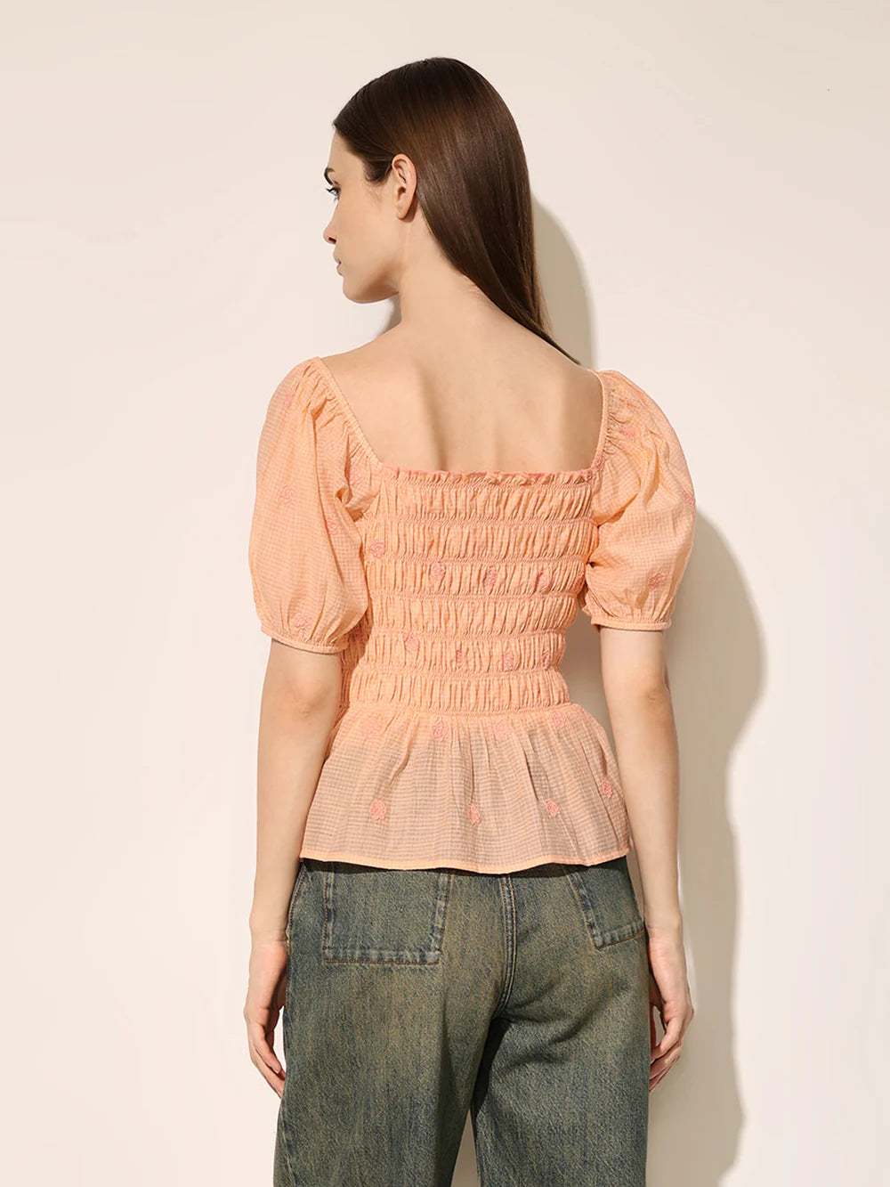 Comfortable Women’s Peach Top with Smocked Front and Stretch Fit