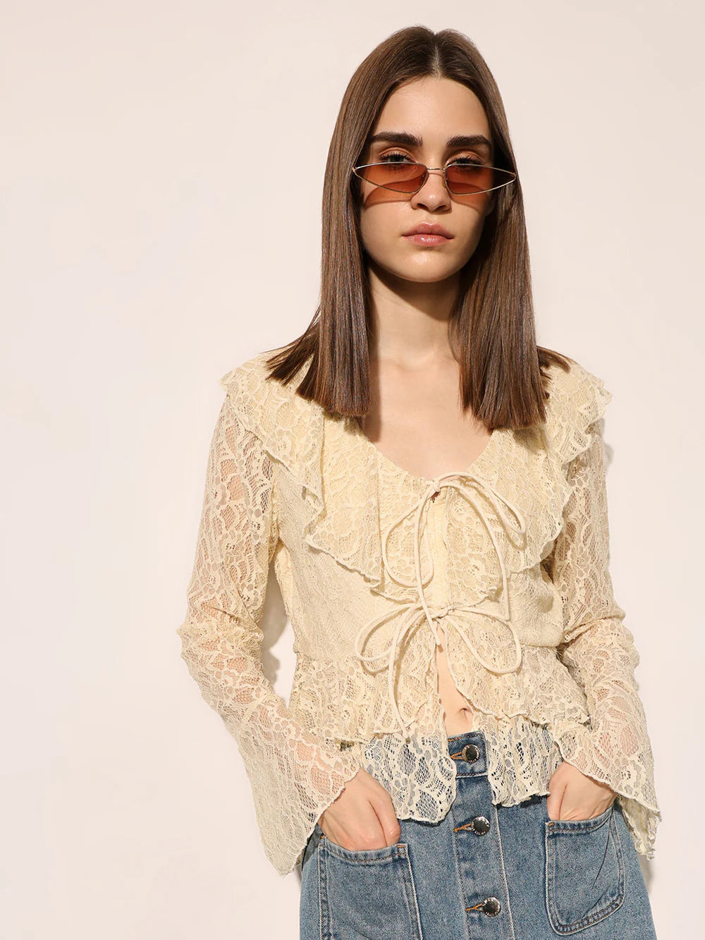 Feminine Beige Top with Delicate Lace Design for Women