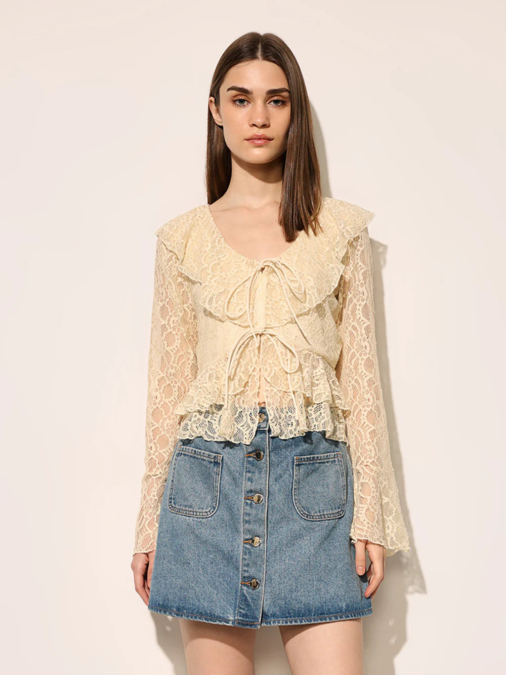 Feminine Beige Top with Delicate Lace Design for Women