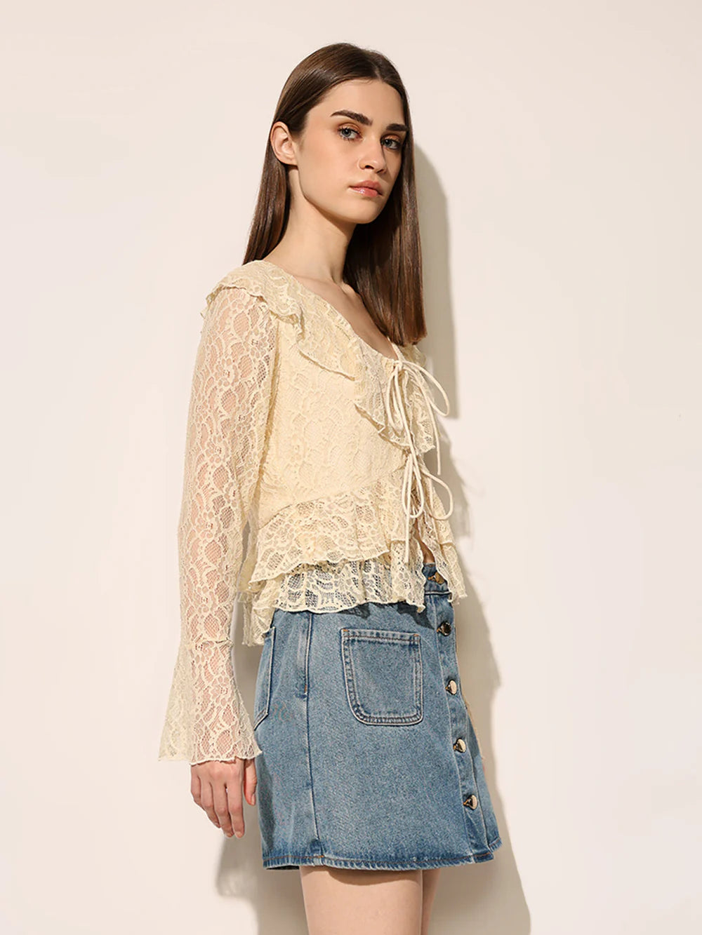 Feminine Beige Top with Delicate Lace Design for Women