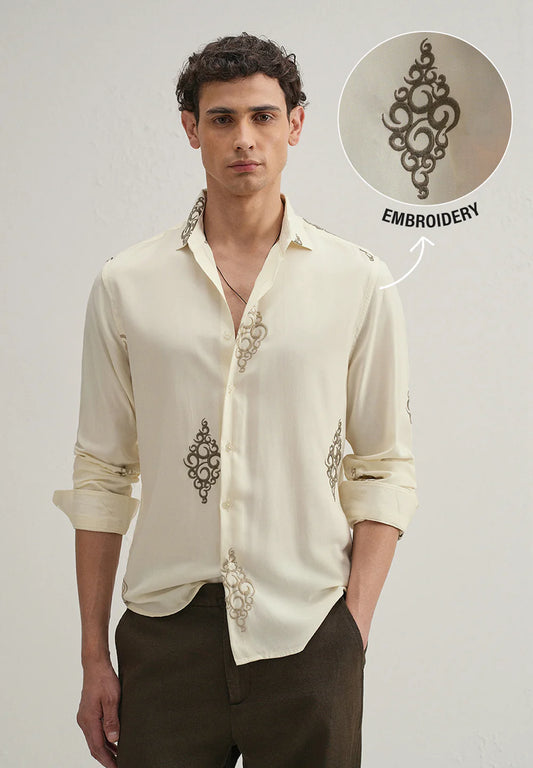 Comfortable Cream Embroidered Shirt for Men Featuring Circular Motif Design