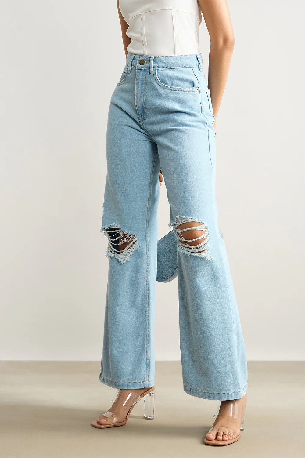 Trendy Light Blue High Waisted Distressed Women’s Wide Jeans with Relaxed Fit