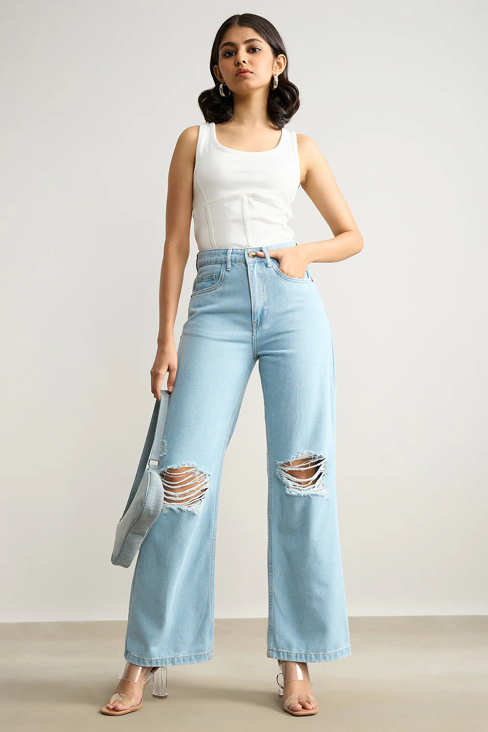 Trendy Light Blue High Waisted Distressed Women’s Wide Jeans with Relaxed Fit
