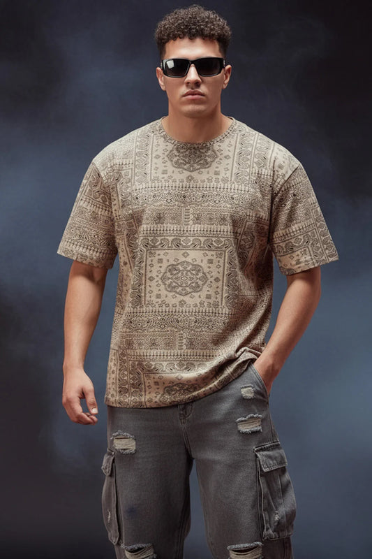 Men’s Relaxed Fit Beige Oversized T-Shirt with All Over Paisley Design