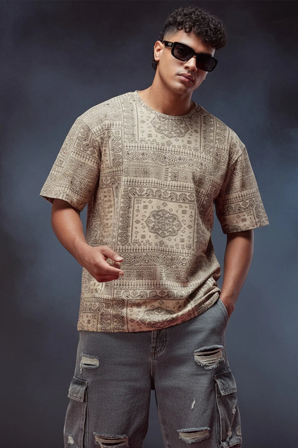 Men’s Relaxed Fit Beige Oversized T-Shirt with All Over Paisley Design