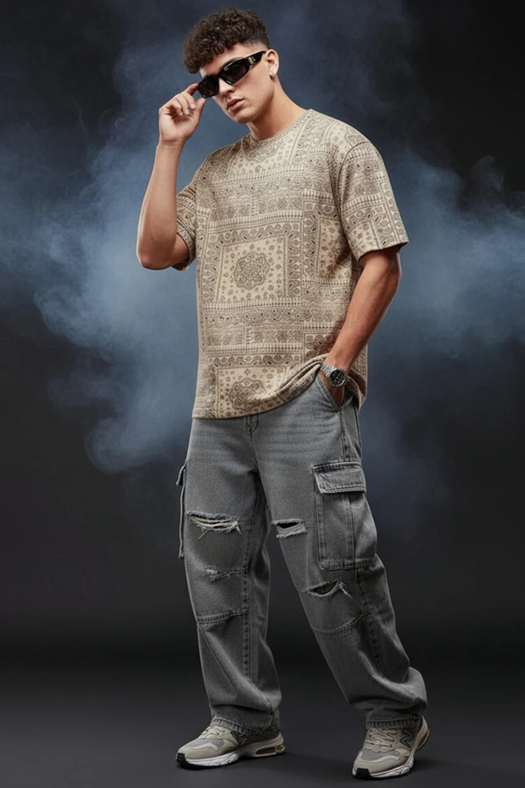 Men’s Relaxed Fit Beige Oversized T-Shirt with All Over Paisley Design