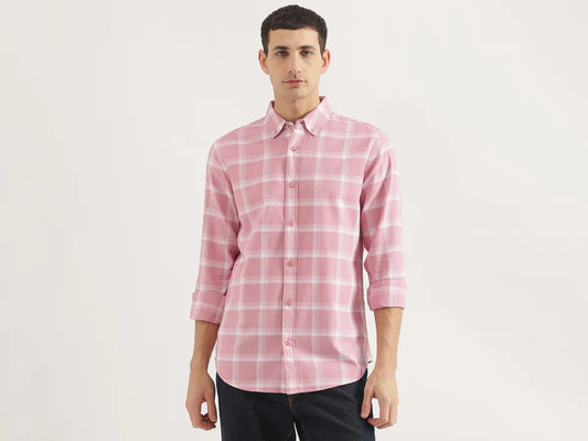 Elegant Regular Fit Checkered Shirt for Men Featuring Button-Down Collar Detail