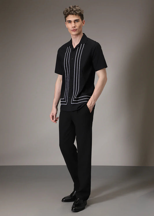 Elegant Black Embroidered Shirt for Men Featuring Modern Line Detailing
