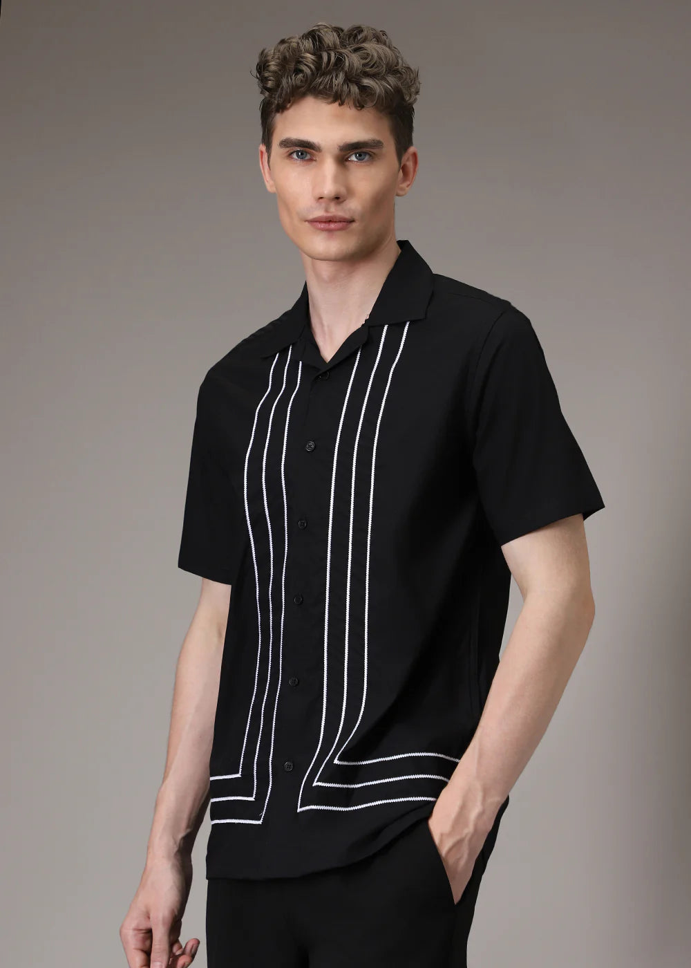 Elegant Black Embroidered Shirt for Men Featuring Modern Line Detailing