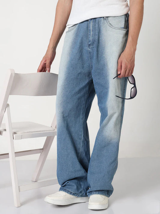 Blue Washed Baggy Fit Jeans for Men with Relaxed and Comfortable Design