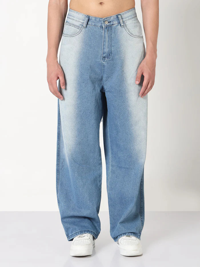 Blue Washed Baggy Fit Jeans for Men with Relaxed and Comfortable Design