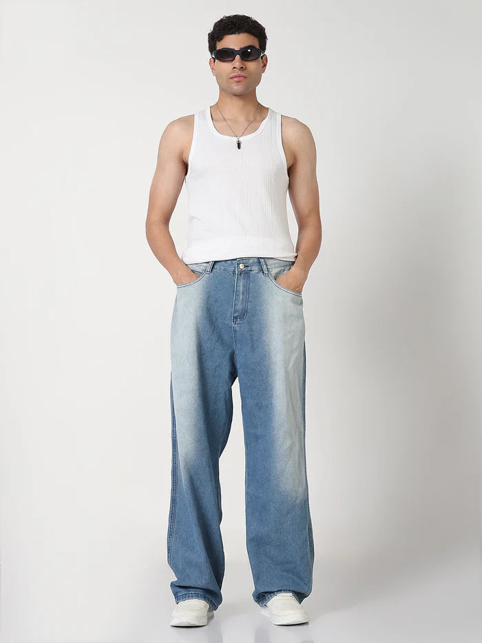 Blue Washed Baggy Fit Jeans for Men with Relaxed and Comfortable Design