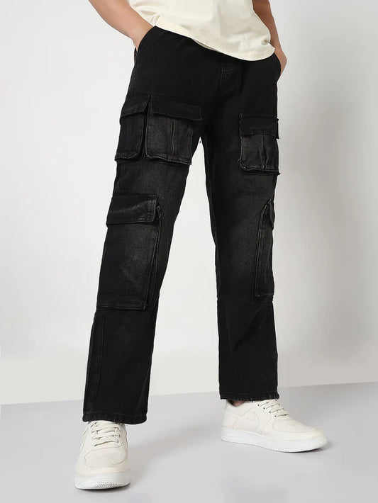 Black Straight Fit Cargo Pants for Men with Comfortable Fabric and Utility Style