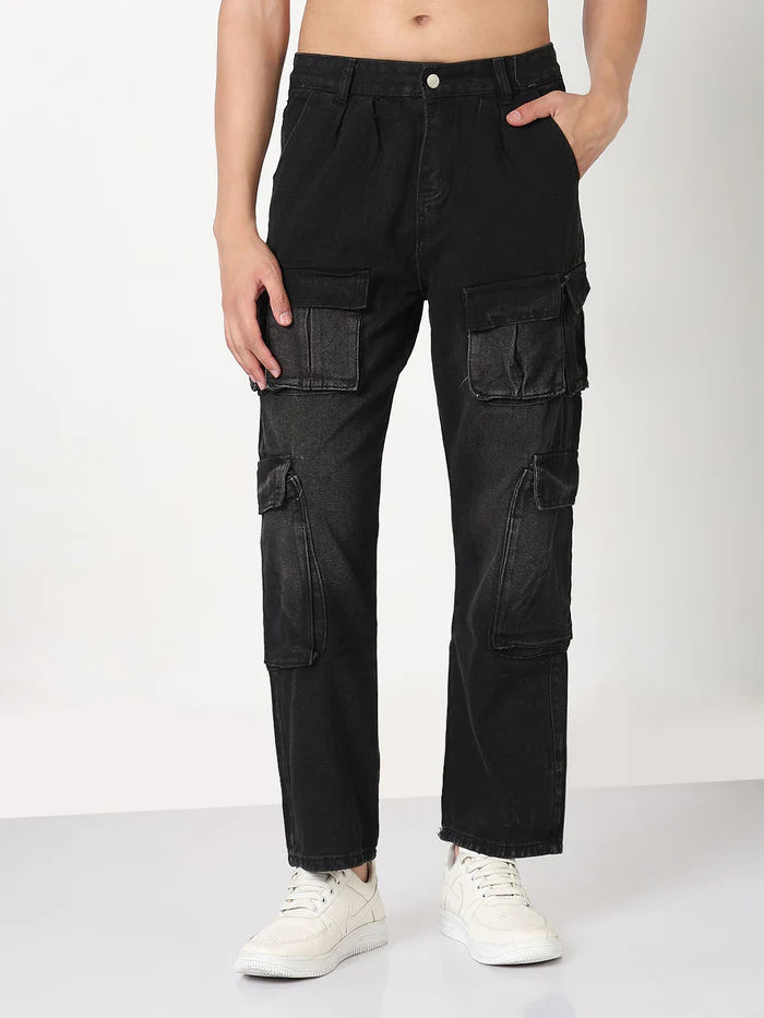 Black Straight Fit Cargo Pants for Men with Comfortable Fabric and Utility Style