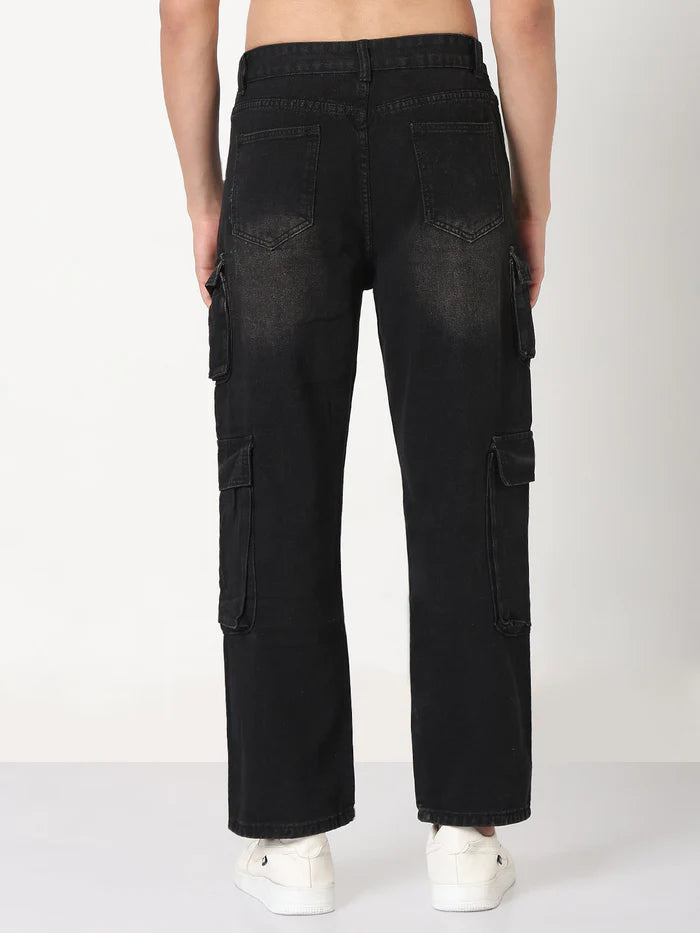 Black Straight Fit Cargo Pants for Men with Comfortable Fabric and Utility Style